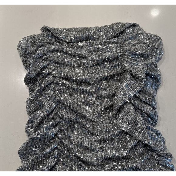 Zara Size Medium Silver Sequin Strapless Ruched Mini Dress Sparkle Ruffle Trim - Picture 2 of 8